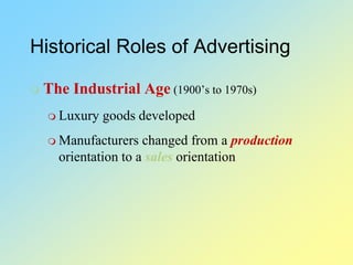 Historical Roles of Advertising
 The Industrial Age (1900’s to 1970s)
 Luxury goods developed
 Manufacturers changed from a production
orientation to a sales orientation
 