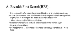 A. Breadth First Search(BFS):
• It is an algorithm for traversing or searching tree or graph data structure.
• It stats with the tree root and explores all the neighbor nodes at the present
depth prior to moving on the nodes at the next depth level.
• It is implemented in FIFO queue in DSA.
• First move horizontally and visit all the nodes of the current layer
• Move to the next layer
• Do not generate as child node if the node is already parent to avoid more
loop.
 