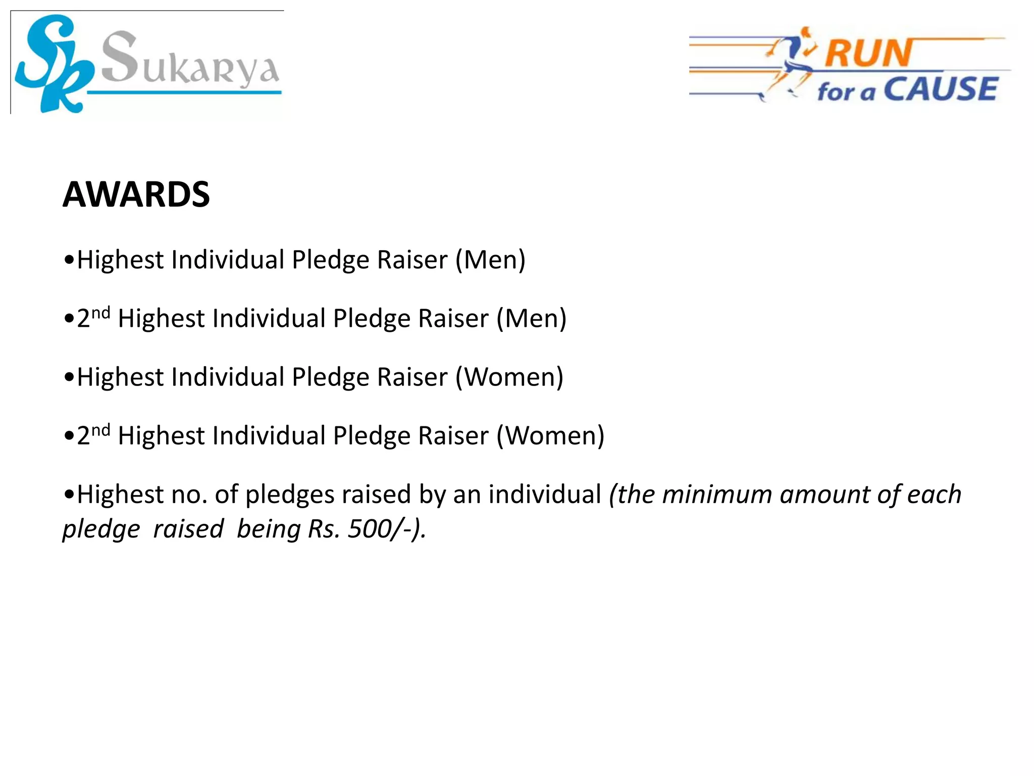 AWARDS
•Highest Individual Pledge Raiser (Men)

•2nd Highest Individual Pledge Raiser (Men)

•Highest Individual Pledge Raiser (Women)

•2nd Highest Individual Pledge Raiser (Women)

•Highest no. of pledges raised by an individual (the minimum amount of each
pledge raised being Rs. 500/‐).
 