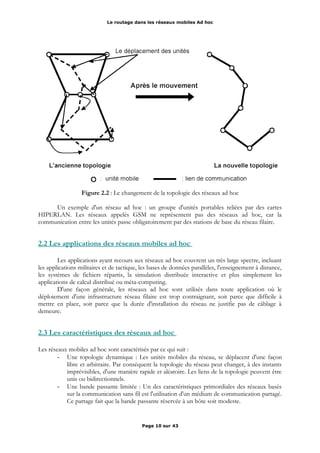Le routage dans les réseaux mobiles Ad hoc
Figure 2.2 : Le changement de la topologie des réseaux ad hoc
Un exemple d'un réseau ad hoc : un groupe d'unités portables reliées par des cartes
HIPERLAN. Les réseaux appelés GSM ne représentent pas des réseaux ad hoc, car la
communication entre les unités passe obligatoirement par des stations de base du réseau filaire.
2.2 Les applications des réseaux mobiles ad hoc
Les applications ayant recours aux réseaux ad hoc couvrent un très large spectre, incluant
les applications militaires et de tactique, les bases de données parallèles, l'enseignement à distance,
les systèmes de fichiers répartis, la simulation distribuée interactive et plus simplement les
applications de calcul distribué ou méta-computing.
D'une façon générale, les réseaux ad hoc sont utilisés dans toute application où le
déploiement d'une infrastructure réseau filaire est trop contraignant, soit parce que difficile à
mettre en place, soit parce que la durée d'installation du réseau ne justifie pas de câblage à
demeure.
2.3 Les caractéristiques des réseaux ad hoc
Les réseaux mobiles ad hoc sont caractérisés par ce qui suit :
- Une topologie dynamique : Les unités mobiles du réseau, se déplacent d'une façon
libre et arbitraire. Par conséquent la topologie du réseau peut changer, à des instants
imprévisibles, d'une manière rapide et aléatoire. Les liens de la topologie peuvent être
unis ou bidirectionnels.
- Une bande passante limitée : Un des caractéristiques primordiales des réseaux basés
sur la communication sans fil est l'utilisation d'un médium de communication partagé.
Ce partage fait que la bande passante réservée à un hôte soit modeste.
Page 10 sur 43
 