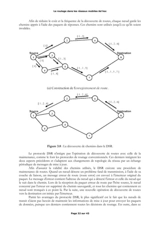 Le routage dans les réseaux mobiles Ad hoc
Afin de réduire le coût et la fréquence de la découverte de routes, chaque nœud garde les
chemins appris à l'aide des paquets de réponses. Ces chemins sont utilisés jusqu'à ce qu'ils soient
invalides.
Figure 3.8 : La découverte de chemins dans le DSR.
Le protocole DSR n'intègre pas l'opération de découverte de routes avec celle de la
maintenance, comme le font les protocoles de routage conventionnels. Ces derniers intègrent les
deux aspects précédents et s'adaptent aux changements de topologie du réseau par un échange
périodique de messages de mise à jour.
Afin d'assurer la validité des chemins utilisés, le DSR exécute une procédure de
maintenance de routes. Quand un nœud détecte un problème fatal de transmission, à l'aide de sa
couche de liaison, un message erreur de route (route error) est envoyé à l'émetteur original du
paquet. Le message d'erreur contient l'adresse du nœud qui a détecté l'erreur et celle du nœud qui
le suit dans le chemin. Lors de la réception du paquet erreur de route par l'hôte source, le nœud
concerné par l'erreur est supprimé du chemin sauvegardé, et tous les chemins qui contiennent ce
nœud sont tronqués à ce point là. Par la suite, une nouvelle opération de découverte de routes
vers la destination est initiée par l'émetteur.
Parmi les avantages du protocole DSR, le plus significatif est le fait que les nœuds de
transit n'aient pas besoin de maintenir les informations de mise à jour pour envoyer les paquets
de données, puisque ces derniers contiennent toutes les décisions de routage. En outre, dans ce
Page 32 sur 43
 