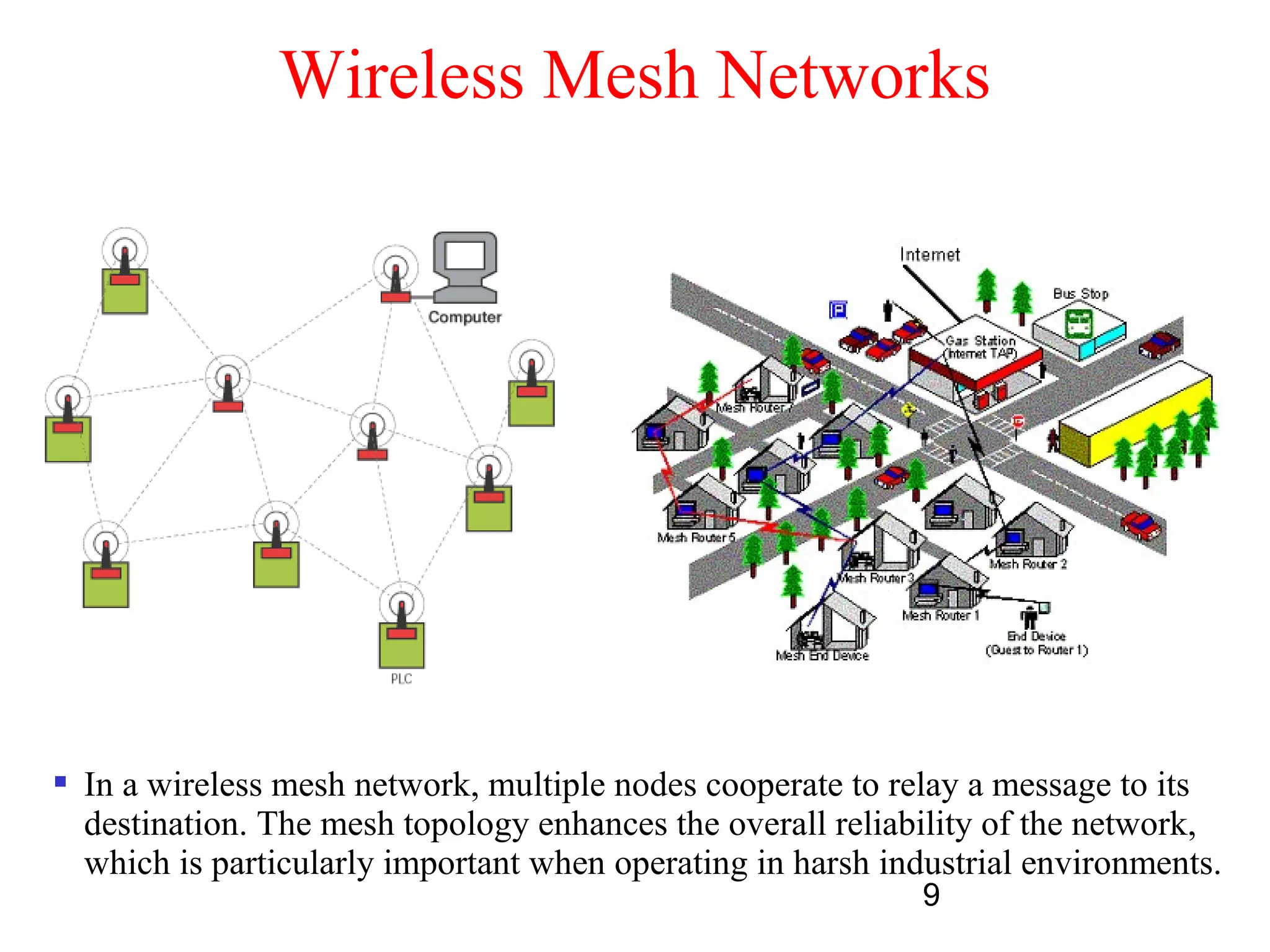 9
Wireless Mesh Networks
 In a wireless mesh network, multiple nodes cooperate to relay a message to its
destination. The mesh topology enhances the overall reliability of the network,
which is particularly important when operating in harsh industrial environments.
 