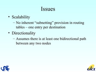 Issues Scalability No inherent “subnetting” provision in routing tables – one entry per destination Directionality Assumes there is at least one bidirectional path between any two nodes 