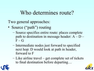 Who determines route? Two general approaches: Source (“path”) routing  Source specifies entire route: places complete path to destination in message header: A – D – F – G  Intermediate nodes just forward to specified next hop: D would look at path in header, forward to F Like airline travel – get complete set of tickets to final destination before departing… 
