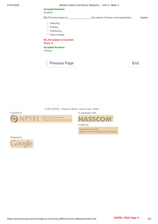 27/07/2020 Wireless Adhoc And Sensor Networks - - Unit 4 - Week 3
https://onlinecourses-archive.nptel.ac.in/noc18_cs09/unit?unit=24&assessment=93 3/3
1 point
10)
Accepted Answers:
Doubled
ELFN works based on __________________the network (Choose most appropriate)
Selecting
Probing
Distributing
None of these
No, the answer is incorrect.
Score: 0
Accepted Answers:
Probing
Previous Page End
A project of In association with
Funded by
Powered by
© 2014 NPTEL - Privacy & Terms - Honor Code - FAQs -
EC8702 - MCQ Page: 9
 