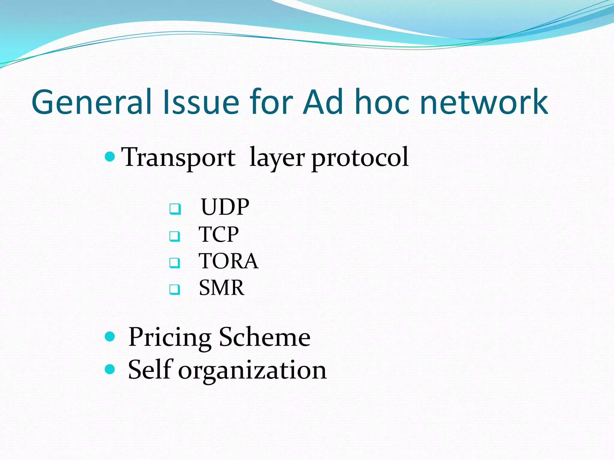 General Issue for Ad hoc network
     Transport layer protocol
            UDP
            TCP
            TORA
            SMR

     Pricing Scheme
     Self organization
 