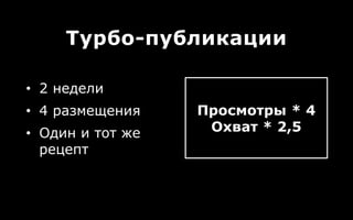 Турбо-публикации
• 2 недели
• 4 размещения
• Один и тот же
рецепт
Просмотры * 4
Охват * 2,5
 