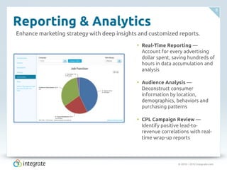 8


Reporting & Analytics
Enhance marketing strategy with deep insights and customized reports.

                                             • Real-Time Reporting —
                                               Account for every advertising
                                               dollar spent, saving hundreds of
                                               hours in data accumulation and
                                               analysis

                                             • Audience Analysis —
                                               Deconstruct consumer
                                               information by location,
                                               demographics, behaviors and
                                               purchasing patterns

                                             • CPL Campaign Review —
                                               Identify positive lead-to-
                                               revenue correlations with real-
                                               time wrap-up reports




                                                               © 2010 – 2012 Integrate.com
 