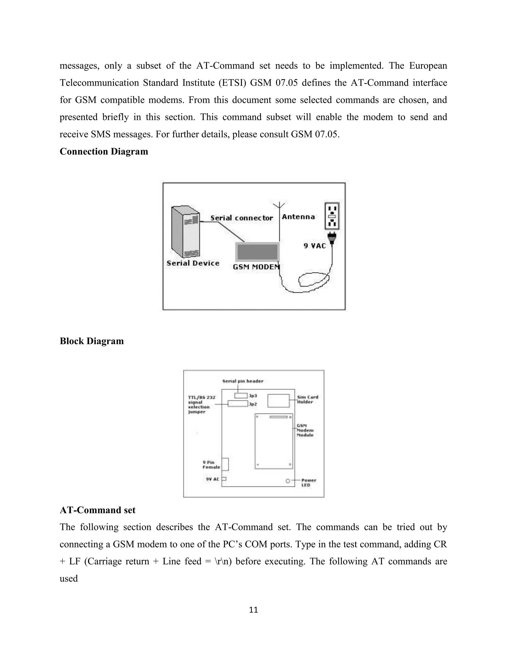 11
messages, only a subset of the AT-Command set needs to be implemented. The European
Telecommunication Standard Institute (ETSI) GSM 07.05 defines the AT-Command interface
for GSM compatible modems. From this document some selected commands are chosen, and
presented briefly in this section. This command subset will enable the modem to send and
receive SMS messages. For further details, please consult GSM 07.05.
Connection Diagram
Block Diagram
AT-Command set
The following section describes the AT-Command set. The commands can be tried out by
connecting a GSM modem to one of the PC’s COM ports. Type in the test command, adding CR
+ LF (Carriage return + Line feed = rn) before executing. The following AT commands are
used
 