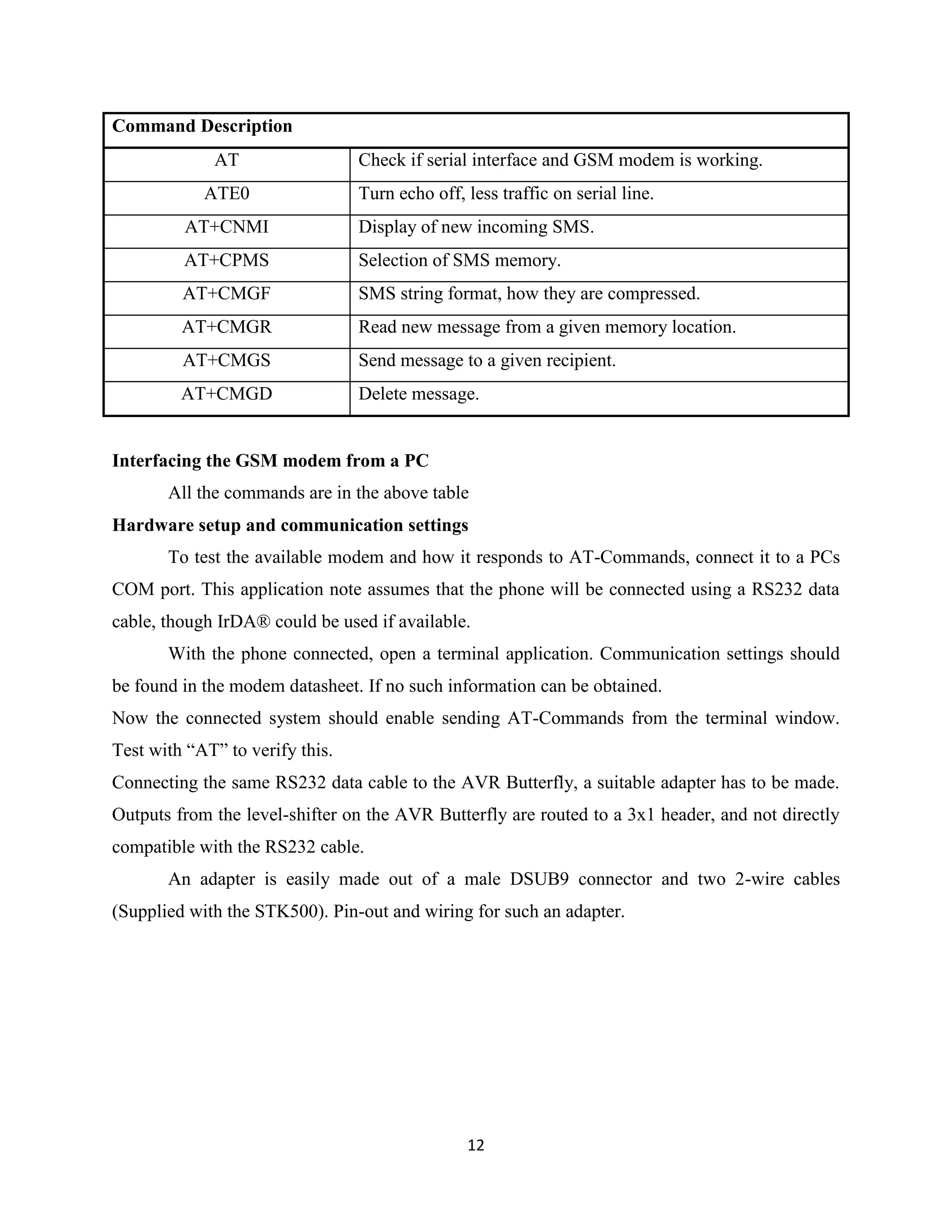 12
Command Description
AT Check if serial interface and GSM modem is working.
ATE0 Turn echo off, less traffic on serial line.
AT+CNMI Display of new incoming SMS.
AT+CPMS Selection of SMS memory.
AT+CMGF SMS string format, how they are compressed.
AT+CMGR Read new message from a given memory location.
AT+CMGS Send message to a given recipient.
AT+CMGD Delete message.
Interfacing the GSM modem from a PC
All the commands are in the above table
Hardware setup and communication settings
To test the available modem and how it responds to AT-Commands, connect it to a PCs
COM port. This application note assumes that the phone will be connected using a RS232 data
cable, though IrDA® could be used if available.
With the phone connected, open a terminal application. Communication settings should
be found in the modem datasheet. If no such information can be obtained.
Now the connected system should enable sending AT-Commands from the terminal window.
Test with “AT” to verify this.
Connecting the same RS232 data cable to the AVR Butterfly, a suitable adapter has to be made.
Outputs from the level-shifter on the AVR Butterfly are routed to a 3x1 header, and not directly
compatible with the RS232 cable.
An adapter is easily made out of a male DSUB9 connector and two 2-wire cables
(Supplied with the STK500). Pin-out and wiring for such an adapter.
 