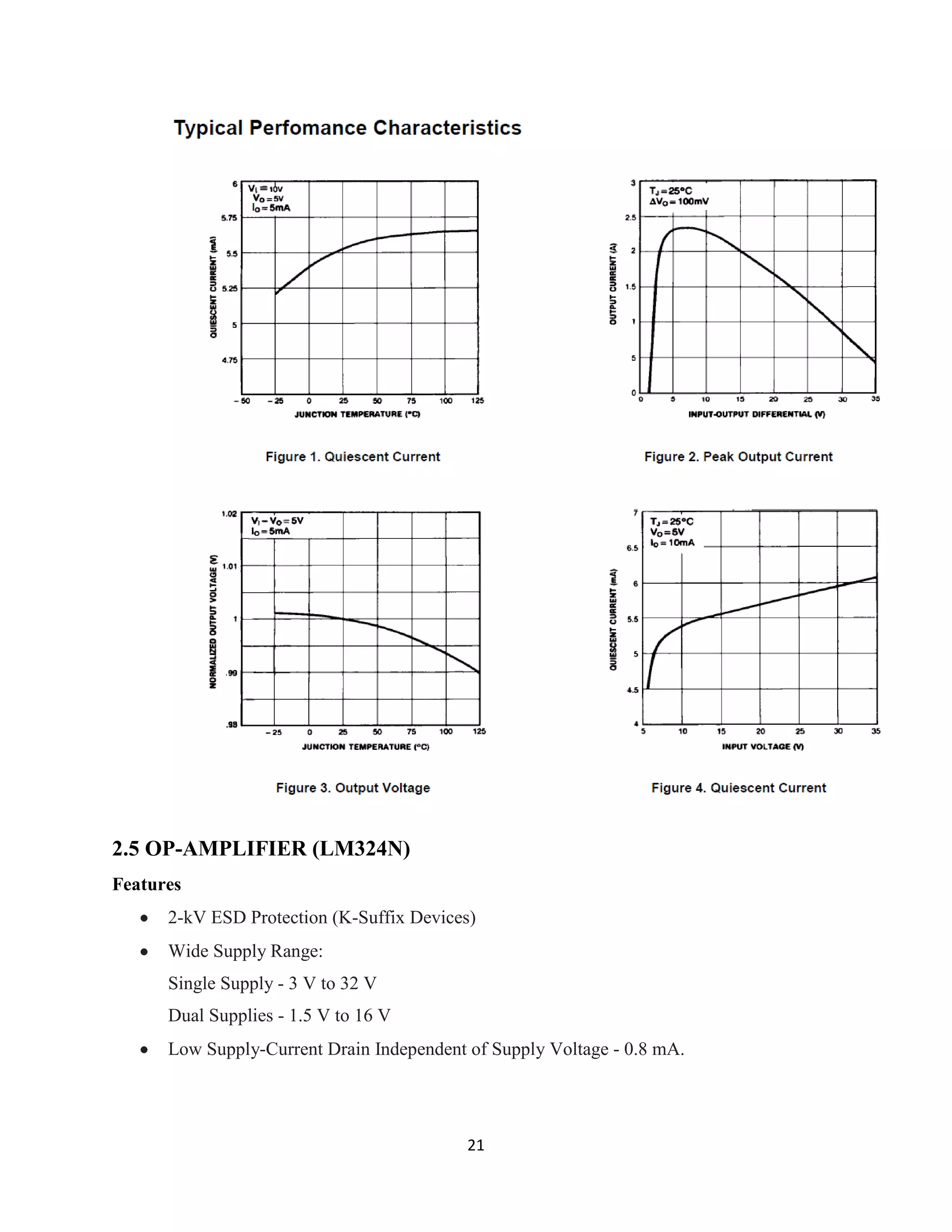21
2.5 OP-AMPLIFIER (LM324N)
Features
2-kV ESD Protection (K-Suffix Devices)
Wide Supply Range:
Single Supply - 3 V to 32 V
Dual Supplies - 1.5 V to 16 V
Low Supply-Current Drain Independent of Supply Voltage - 0.8 mA.
 