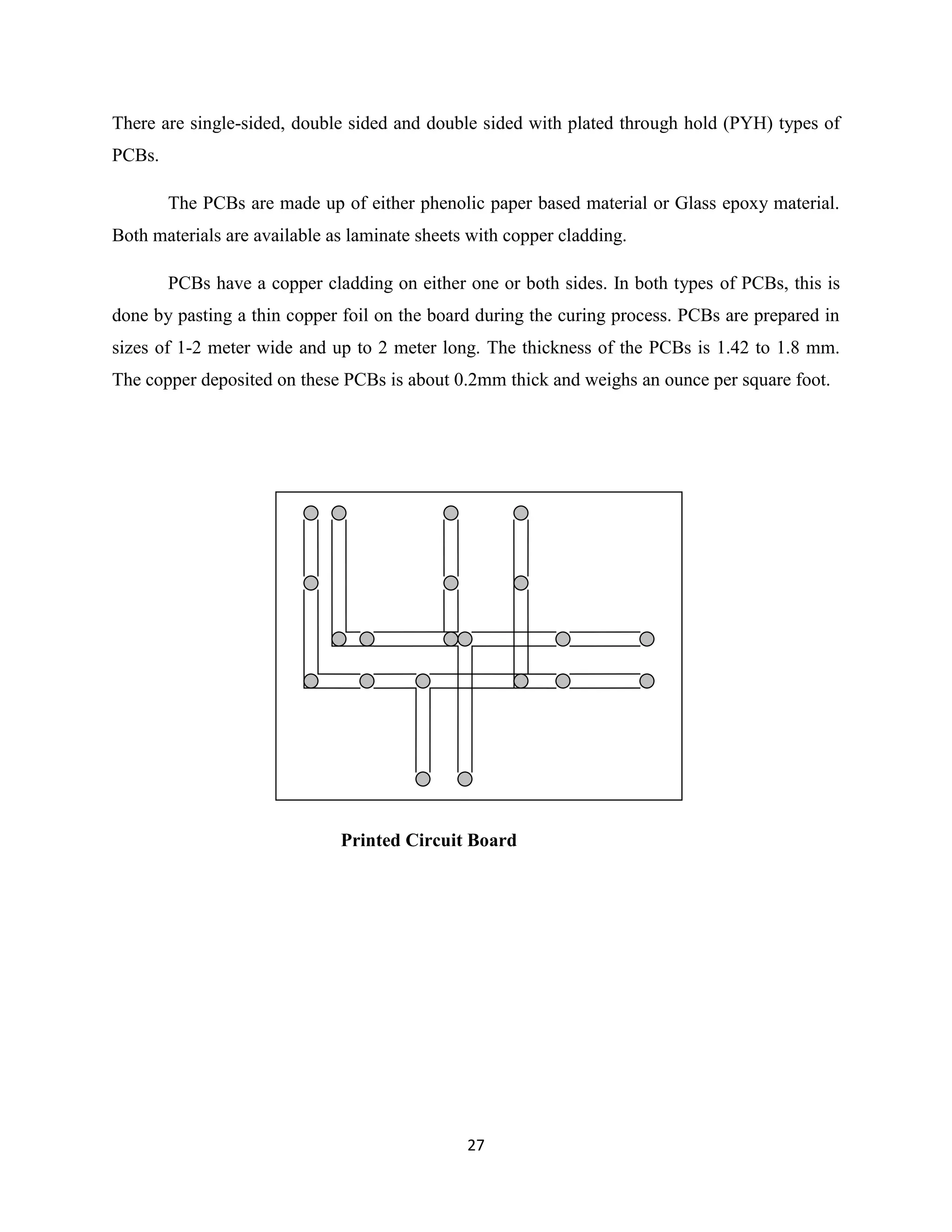 27
There are single-sided, double sided and double sided with plated through hold (PYH) types of
PCBs.
The PCBs are made up of either phenolic paper based material or Glass epoxy material.
Both materials are available as laminate sheets with copper cladding.
PCBs have a copper cladding on either one or both sides. In both types of PCBs, this is
done by pasting a thin copper foil on the board during the curing process. PCBs are prepared in
sizes of 1-2 meter wide and up to 2 meter long. The thickness of the PCBs is 1.42 to 1.8 mm.
The copper deposited on these PCBs is about 0.2mm thick and weighs an ounce per square foot.
Printed Circuit Board
 