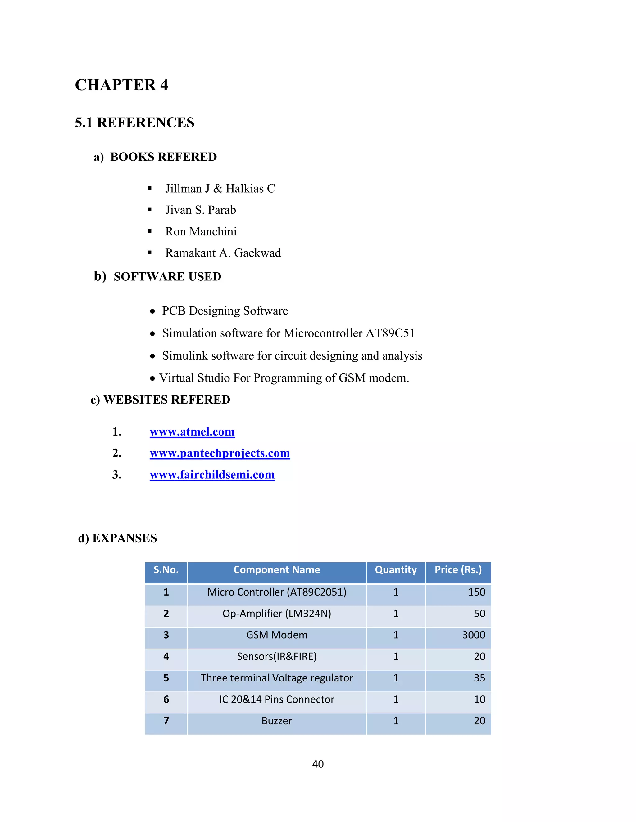 40
CHAPTER 4
5.1 REFERENCES
a) BOOKS REFERED
 Jillman J & Halkias C
 Jivan S. Parab
 Ron Manchini
 Ramakant A. Gaekwad
b) SOFTWARE USED
PCB Designing Software
Simulation software for Microcontroller AT89C51
Simulink software for circuit designing and analysis
Virtual Studio For Programming of GSM modem.
c) WEBSITES REFERED
1. www.atmel.com
2. www.pantechprojects.com
3. www.fairchildsemi.com
d) EXPANSES
S.No. Component Name Quantity Price (Rs.)
1 Micro Controller (AT89C2051) 1 150
2 Op-Amplifier (LM324N) 1 50
3 GSM Modem 1 3000
4 Sensors(IR&FIRE) 1 20
5 Three terminal Voltage regulator 1 35
6 IC 20&14 Pins Connector 1 10
7 Buzzer 1 20
 