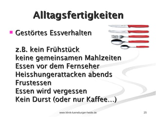 Alltagsfertigkeiten Gestörtes Essverhalten  z.B. kein Frühstück keine gemeinsamen Mahlzeiten Essen vor dem Fernseher Heisshungerattacken abends Frustessen  Essen wird vergessen Kein Durst (oder nur Kaffee…) 