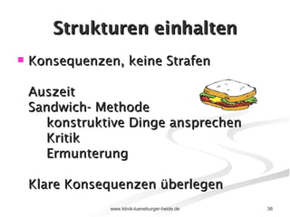 Strukturen einhalten Konsequenzen, keine Strafen Auszeit Sandwich- Methode konstruktive Dinge ansprechen Kritik Ermunterung Klare Konsequenzen überlegen 