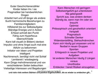 und viele viele weitere Stärken und positive Eigenschaften, die es wieder zu entdecken gilt... Guter Geschichtenerzähler Kinder lieben ihn / sie Pragmatiker bei handwerklichen Dingen Arbeitet hart und oft länger als andere Sucht harmonische Beziehungen zu Familienmitgliedern Hilfsbereit bis zur Selbstaufgabe Ständige Energie und in Action Erfasst schnell den Punkt Fähig zum Hyperfocus Ideenschmiede Kann toll visuell (in Bildern) denken Impulsiv und ohne Angst auch mal eine Abfuhr zu bekommen Initiator von Ideen und Projekten Intelligent Nachtmensch, benötigt nicht viel Schlaf Lernbereit / wissbegierig Kann Dinge mehrdimensional und von verschiedenen Seiten beleuchten Vielseitige Interessen und Begabungen Kann Menschen mit geringem Selbstwertgefühl gut unterstützen Nie gelangweilt Spricht aus, was andere denken Ständig da, wenn man ihn oder sie braucht Optimist Philosophisch und ganzheitlich orientiert Verspielt Pragmatisch Schneller Denker Widerstandsfähig, Stehaufmännchen Kann sich häufig gut anpassen und ist flexibel in neuen Gruppen Spontan Erfolgreich in neuen Projekten und Aufgaben Ist anderen Menschen häufig 2 Längen voraus Unorthodox Entdecker / bereit Risiken einzugehen 