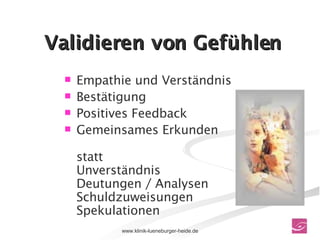 Validieren von Gefühlen Empathie und Verständnis Bestätigung  Positives Feedback Gemeinsames Erkunden statt Unverständnis Deutungen / Analysen Schuldzuweisungen Spekulationen 
