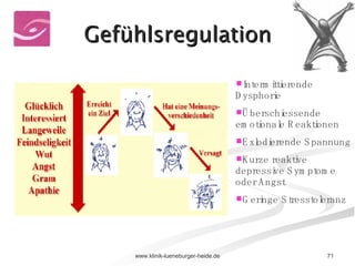 Gefühlsregulation Intermittierende Dysphorie Überschiessende emotionale Reaktionen Exlodierende Spannung Kurze reaktive depressive Symptome oder Angst Geringe Stresstoleranz 