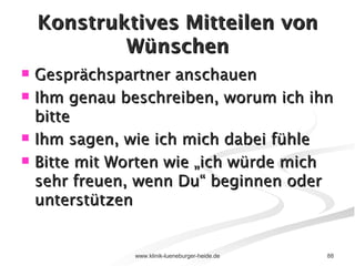 Konstruktives Mitteilen von Wünschen Gesprächspartner anschauen Ihm genau beschreiben, worum ich ihn bitte Ihm sagen, wie ich mich dabei fühle Bitte mit Worten wie „ich würde mich sehr freuen, wenn Du“ beginnen oder unterstützen 