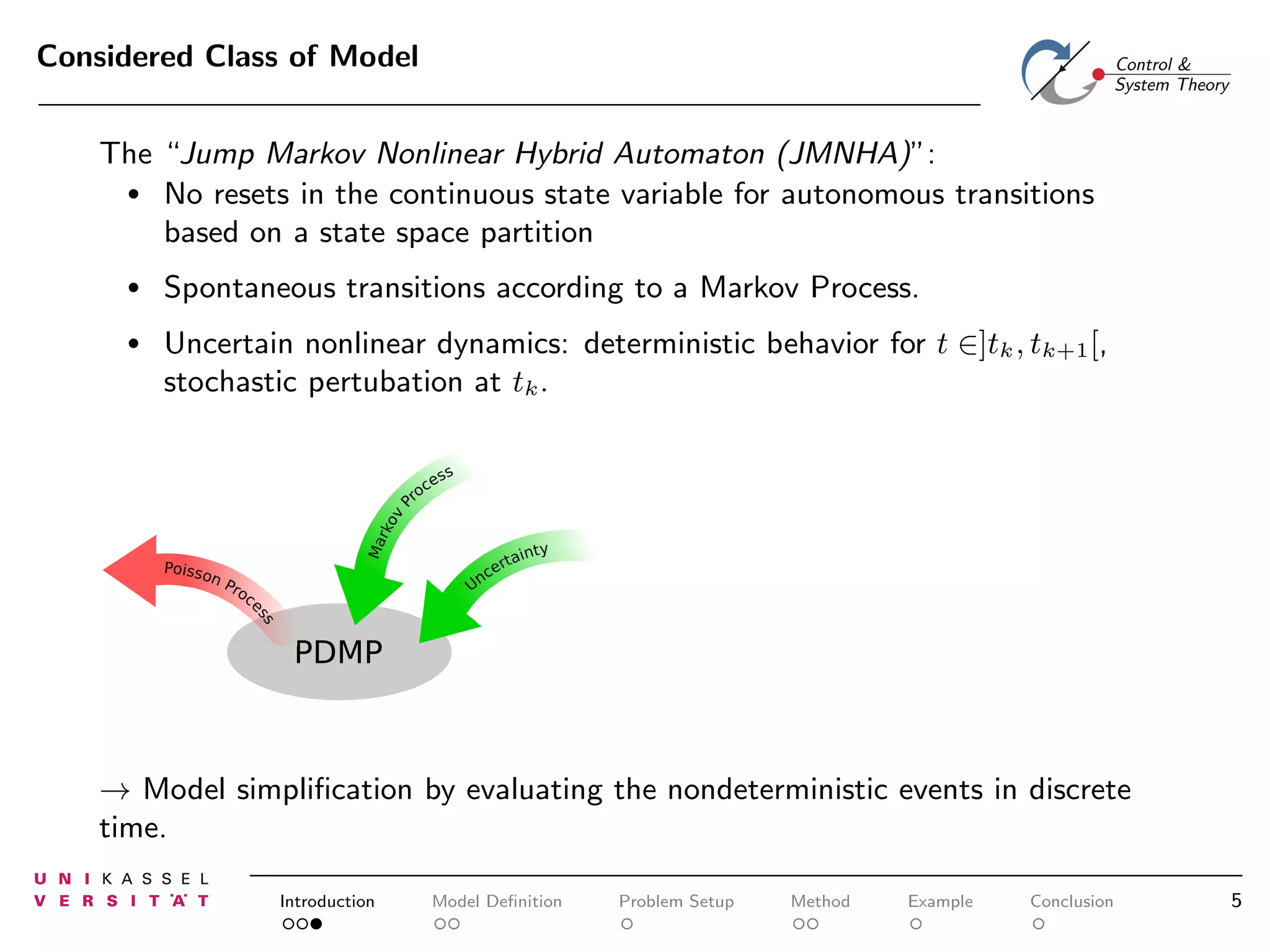 Considered Class of Model
The “Jump Markov Nonlinear Hybrid Automaton (JMNHA)”:
• No resets in the continuous state variable for autonomous transitions
based on a state space partition
•

Spontaneous transitions according to a Markov Process.

•

Uncertain nonlinear dynamics: deterministic behavior for t ∈]tk , tk+1 [,
stochastic pertubation at tk .

PDMP

→ Model simpliﬁcation by evaluating the nondeterministic events in discrete
time.
Introduction

Model Deﬁnition

Problem Setup

Method

Example

Conclusion

5

 