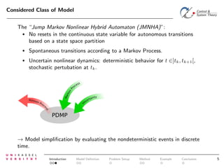 Considered Class of Model
The “Jump Markov Nonlinear Hybrid Automaton (JMNHA)”:
• No resets in the continuous state variable for autonomous transitions
based on a state space partition
•

Spontaneous transitions according to a Markov Process.

•

Uncertain nonlinear dynamics: deterministic behavior for t ∈]tk , tk+1 [,
stochastic pertubation at tk .

PDMP

→ Model simpliﬁcation by evaluating the nondeterministic events in discrete
time.
Introduction

Model Deﬁnition

Problem Setup

Method

Example

Conclusion

5

 
