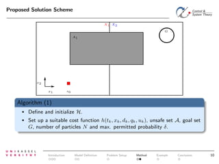 Proposed Solution Scheme
X1 X2
G
A1

x2
x1

s0

Algorithm (1)
•

Deﬁne and initialize H.

•

Set up a suitable cost function h(tk , xk , dk , qk , uk ), unsafe set A, goal set
G, number of particles N and max. permitted probability δ.

Introduction

Model Deﬁnition

Problem Setup

Method

Example

Conclusion

10

 