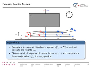 Proposed Solution Scheme
X1 X2
G
A1

x2
x1

s0

s1

te

s2

s3

Algorithm (3)
(i)

•

Generate a sequence of disturbance samples ν1:nt ∼ N (µν , σν ) and
calculate the weights wi .

•

Choose an initial sequence of control inputs u0:nt −1 and compute the
(i)
future trajectories x1:nt for every particle.

Introduction

Model Deﬁnition

Problem Setup

Method

Example

Conclusion

10

 