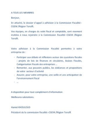 Adhésion Commission Fiscalité--CGEM /Région Tensift--Marrakech