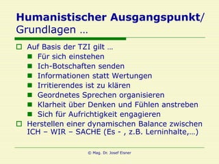 Humanistischer Ausgangspunkt/
Grundlagen …
 Auf Basis der TZI gilt …
   Für sich einstehen
   Ich-Botschaften senden
   Informationen statt Wertungen
   Irritierendes ist zu klären
   Geordnetes Sprechen organisieren
   Klarheit über Denken und Fühlen anstreben
   Sich für Aufrichtigkeit engagieren
 Herstellen einer dynamischen Balance zwischen
  ICH – WIR – SACHE (Es - , z.B. Lerninhalte,…)

                  © Mag. Dr. Josef Eisner
 