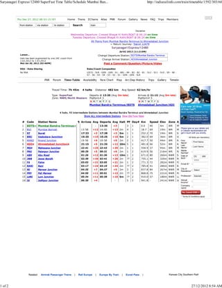 Suryanagari Express/12480 SuperFast Time Table/Schedule Mumbai Ban...                                                                    http://indiarailinfo.com/train/timetable/1592/303/60



                                                                                                                                                                       1 PNR Posts 1 Blog Posts
          Thu Dec 27, 2012 08:53:15 IST                      Home   Trains   ΣChains      Atlas   PNR     Forum       Gallery     News     FAQ   Trips   Members          Login        Feedback

            from station    via station         to station     Search           train

                                                                                                                            Disclaimer
                                                              Wednesday Departure: Crossed Bhagat Ki Kothi/BGKT @ 06:24 on time
                                                               Tuesday Departure: Crossed Bhagat Ki Kothi/BGKT @ 06:24 on time
                                                                                All Trains from Mumbai Bandra Terminus to Ahmedabad Junction
                                                                                                 ⇐ Return Journey: Train# 12479                                         Pantry/Catering
                                                                                                    Suryanagari Express/12480                                           ✕ NO Pantry Car
                                                                                                           Jul 02 2012 (11:21AM)                                        ✓ Catering Avbl
                                                                                                                                                                        Thali (2 Chapati, Dal,
            Latest...                                                                   Change Departure Station: BDTS/Mumbai Bandra Terminus                           Paner-Mutter, Rice),
            train has been augmented by one 2AC coach from                                                                                                              Pulao/Biryani, Biscuitsm
                                                                                           Change Arrival Station: ADI/Ahmedabad Junction
            2.02.2012 to 1.03.2012                                                                                                                                      Wafers/Chips, Tea,...
            Mon Jan 30, 2012 (03:46PM)                                                      Post a Comment/Question/Picture/Video                                       Read more...

            RSA - Rake Sharing                                               Rake/Coach Composition                                                                     Loco
            No RSA                                                           LOCO - SLR - GEN - GEN - A1 - AB1 - B4 - B3 - B2 - B1 - S12 - S11 - S10 - S9 - S8 -        BL WCAM -1 bdts to adi
                                                                             S7 - S6 - S5 - S4 - S3 - S2 - S1 - GEN - GEN - SLR                                         Bgkt Wdp-4 adi to ju




                                              Travel Time: 7h 45m      4 halts      Distance: 482 km         Avg Speed: 62 km/hr

                                              Type: SuperFast                  Departs @ 13:30 (Avg 3m late)                    Arrives @ 21:15 (Avg 5m late)
                                              Zone: NWR/North Western          Platform# 3                                      Platform# 5
                                                                               S M T W T F S                                    S M T W T F S
                                                                               Mumbai Bandra Terminus/BDTS                      Ahmedabad Junction/ADI


                                                     4 halts. 93 intermediate Stations between Mumbai Bandra Terminus and Ahmedabad Junction
                                                                          Show ALL intermediate Stations Show Old Time-Table

              # Code            Station Name                        ¶ Arrives Avg Departs Avg Halt PF Day# Km                             Speed Elev      Zone Address
              1   BDTS» Mumbai Bandra Terminus»                                     -    13:30       +3           3     1         0.0     40      4m      WR       Mumbai, Maharashtra
                                                                                                                                                                       Please give us your details and
              2   BVI           Mumbai Borivali                       13:58       +12 14:00         +13 2m        4     1         18.7    69      19m     WR       Mumbai, Maharashtra will
                                                                                                                                                                     a Citibank representative
              3   ST            Surat                                 17:23        +3    17:28       +3    5m     1     1         252.2 70        19m     WR       Surat, in touch with you shortly.
                                                                                                                                                                      get Gujarat
              4   BRC           Vadodara Junction                     19:20       +10 19:25         +10 5m        2     1         382.0 69        36m     WR       Vadodara, All fields are mandatory
                                                                                                                                                                           * Gujarat
              5   ANND          Anand Junction                        19:56        +9    19:58       +9    2m     2     1         417.7 50        44m     WR       Anand, Gujarat
                                                                                                                                                                      First
                                                                                                                                                                              :
                                                                                                                                                                       Name*
              6   ADI•          Ahmedabad Junction•                   21:15        +5    21:35      +12 20m 5           1         481.8 66        52m     WR       Ahmedabad, Gujarat
                                                                                                                                                                     Last
                                                                                                                                                                                   :
              7   MSH           Mahesana Junction                     22:41       +25 22:43         +29 2m        1     1         554.9 37        95m     WR       Mehsana, Gujarat
                                                                                                                                                                      Name*
                                                                                                                                                                       Mobile
              8   PNU           Palanpur Junction                     00:29        +5    00:31       +6    2m     1     2         619.9 56        216m WR          Palanpur, Gujarat
                                                                                                                                                                               :
                                                                                                                                                                       Number*
              9   ABR           Abu Road                              01:26       +12 01:36         +13 10m 1           2         671.0 80        260m NWR         Sirohi Dist, Rajasthan
                                                                                                                                                                       Date of
              10 JWB            Jawai Bandh                           02:39       +26 02:41         +26 2m        ??    2         755.1 44        320m NWR         Pali, Rajasthan
                                                                                                                                                                       Birth*   :

              11 FA             Falna                                 03:03       +21 03:05         +21 2m        1     2         771.3 72        282m NWR         Falna, Rajasthan
                                                                                                                                                                       Email ID*   :
              12 RANI           Rani                                  03:17       +24 03:19         +24 2m        ??    2         785.8 41        280m NWR         Rania, Rajasthan
              13 MJ             Marwar Junction                       04:35        +7    04:37       +5    2m     3     2         837.8 84        267m NWR            City of
                                                                                                                                                                   Marwar Junction, Rajasthan
                                                                                                                                                                                 :
                                                                                                                                                                      Residence*
              14 PMY            Pali Marwar                           04:59       +11 05:01         +13 2m        ??    2         868.8 75        221m NWR         Pali, Rajasthan
                                                                                                                                                                      Profession*
              15 LUNI           Luni Junction                         05:34       +11 05:39         +10 5m        ??    2         910.0 37        180m NWR         Luni, Rajasthan
              16 JU             Jodhpur Junction                      06:30        +4                 -           5     2         941.8 -         241m NWR         Jodhpur, Rajasthan
                                                                                                                                                                      Annual
                                                                                                                                                                               :
                                                                                                                                                                       Income*
                                                                                                                                                                       Company
                                                                                                                                                                               :
                                                                                                                                                                       name*



                                                                                                                                                                        * Terms & Conditions apply




                                                                                                                                                                                        Scroll to
                     Related:     Amtrak Passenger Trains       |   Rail Europe     |    Europe By Train     |    Eurail Pass      |                      Kansas City Southern Railw



1 of 2                                                                                                                                                                             27/12/2012 8:54 AM
 