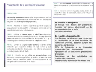 En relación al trabajo final
El trabajo final deberá ser presentado
(enviado por correo electrónico) en la
semana siguiente a la fecha
del último encuentro.
En relación a la acreditación
Los docentes participantes, para contar con
la certificación de la Red Provincial de
Formación Docente, deberán cumplir las
siguientes condiciones:
80% de Asistencia a las instancias
presenciales (sólo 1 inasistencia)
Aprobación de las actividades presenciales
propuestas
Aprobación de las actividades no
presenciales propuestas
Presentación y aprobación del trabajo final
 