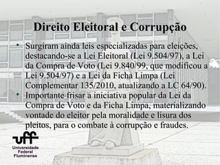 Direito Eleitoral e Corrupção

    Surgiram ainda leis especializadas para eleições,
    destacando-se a Lei Eleitoral (Lei 9.504/97), a Lei
    da Compra de Voto (Lei 9.840/99, que modificou a
    Lei 9.504/97) e a Lei da Ficha Limpa (Lei
    Complementar 135/2010, atualizando a LC 64/90).

    Importante frisar a iniciativa popular da Lei da
    Compra de Voto e da Ficha Limpa, materializando
    vontade do eleitor pela moralidade e lisura dos
    pleitos, para o combate à corrupção e fraudes.
 