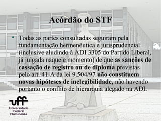 Acórdão do STF

    Todas as partes consultadas seguiram pela
    fundamentação hermenêutica e jurisprudencial
    (inclusive aludindo à ADI 3305 do Partido Liberal,
    já julgada naquele momento) de que as sanções de
    cassação de registro ou de diploma previstas
    pelo art. 41-A da lei 9.504/97 não constituem
    novas hipóteses de inelegibilidade, não havendo
    portanto o conflito de hierarquia alegado na ADI.
 