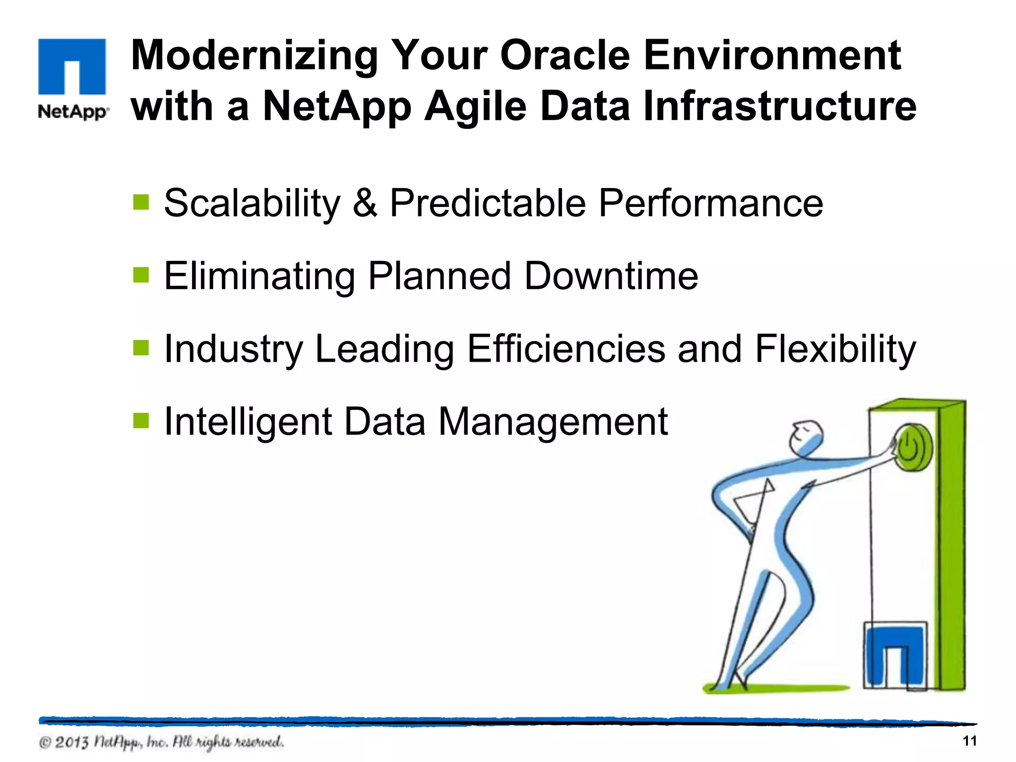 Modernizing Your Oracle Environment
with a NetApp Agile Data Infrastructure

¡  Scalability & Predictable Performance
¡  Eliminating Planned Downtime
¡  Industry Leading Efficiencies and Flexibility
¡  Intelligent Data Management




                                                    11
 