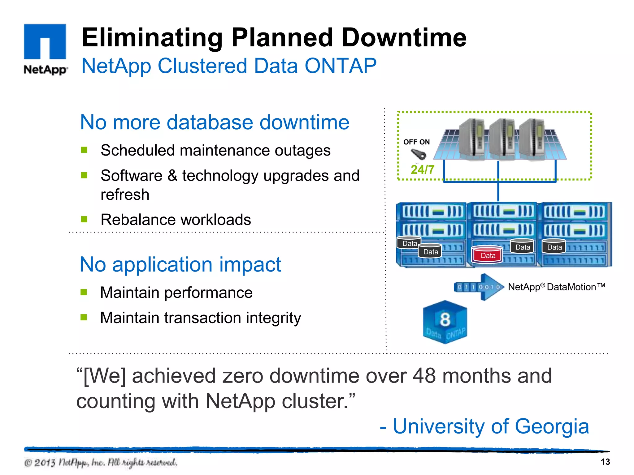 Eliminating Planned Downtime
NetApp Clustered Data ONTAP

No more database downtime
                                         OFF ON
¡  Scheduled maintenance outages
                                           24/7
¡  Software & technology upgrades and
    refresh
¡  Rebalance workloads
                                         Data
                                                               Data   Data
                                                Data
                                                       Data
No application impact
                                                              NetApp® DataMotion™
¡  Maintain performance
¡  Maintain transaction integrity


“[We] achieved zero downtime over 48 months and
counting with NetApp cluster.”
                               - University of Georgia
                                                                               13
 