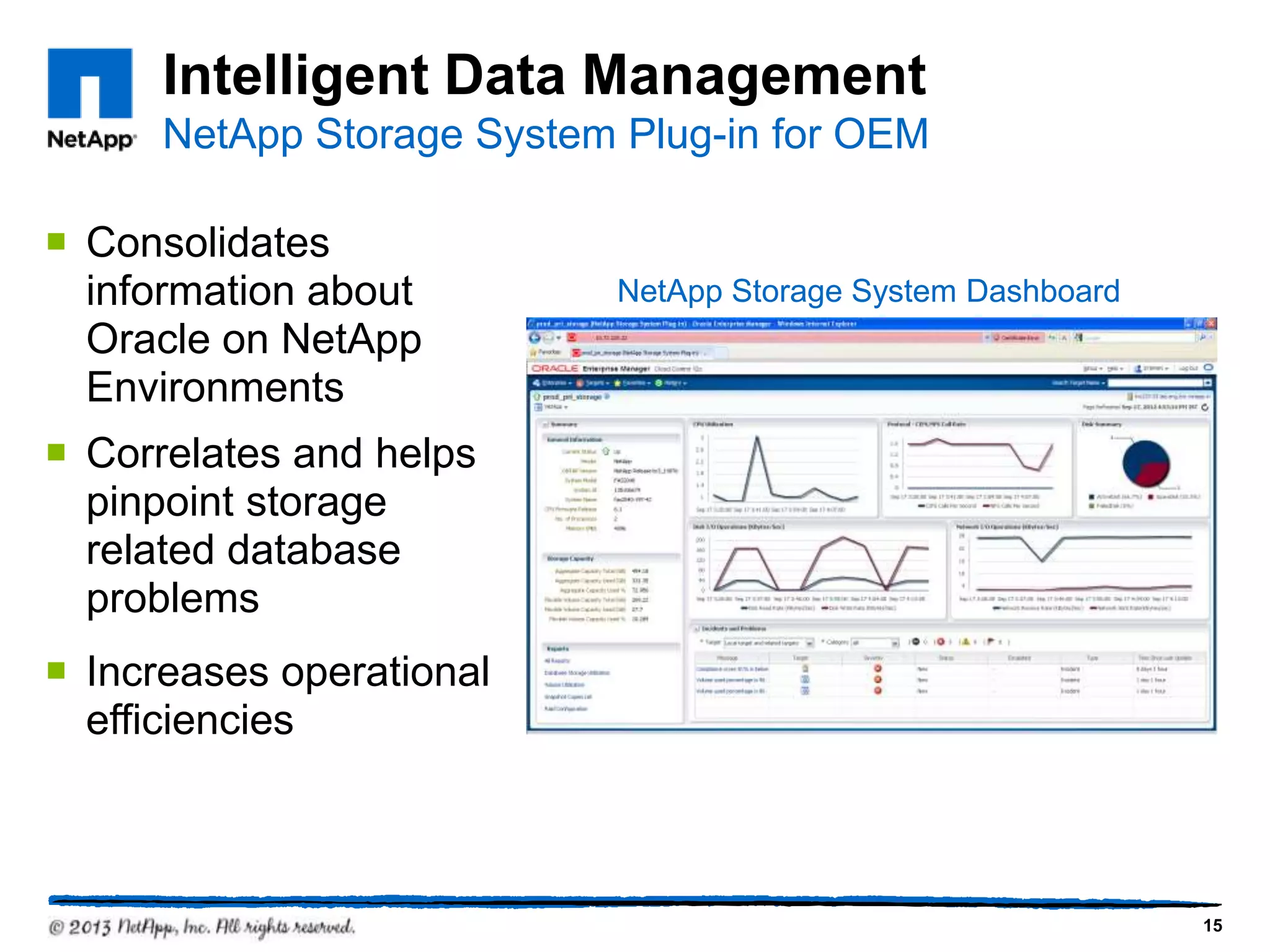 Intelligent Data Management
      NetApp Storage System Plug-in for OEM

¡  Consolidates
    information about       NetApp Storage System Dashboard
    Oracle on NetApp
    Environments
¡  Correlates and helps
    pinpoint storage
    related database
    problems
¡  Increases operational
    efficiencies



                                                              15
 