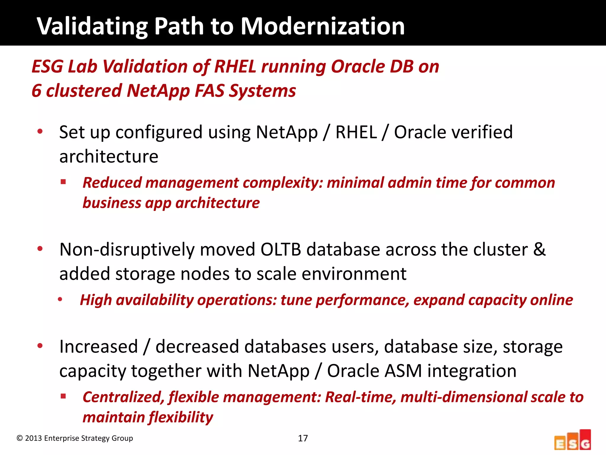 Valida3ng	
  Path	
  to	
  Moderniza3on	
  
      ESG	
  Lab	
  Valida1on	
  of	
  RHEL	
  running	
  Oracle	
  DB	
  on	
  	
  
      6	
  clustered	
  NetApp	
  FAS	
  Systems	
  

        •  Set	
  up	
  conﬁgured	
  using	
  NetApp	
  /	
  RHEL	
  /	
  Oracle	
  veriﬁed	
  
           architecture	
  
                 §  Reduced	
  management	
  complexity:	
  minimal	
  admin	
  1me	
  for	
  common	
  
                     business	
  app	
  architecture	
  

        •  Non-­‐disrupHvely	
  moved	
  OLTB	
  database	
  across	
  the	
  cluster	
  &	
  
           added	
  storage	
  nodes	
  to	
  scale	
  environment	
  
                •  High	
  availability	
  opera1ons:	
  tune	
  performance,	
  expand	
  capacity	
  online	
  

        •  Increased	
  /	
  decreased	
  databases	
  users,	
  database	
  size,	
  storage	
  
           capacity	
  together	
  with	
  NetApp	
  /	
  Oracle	
  ASM	
  integraHon	
  
                 §  Centralized,	
  ﬂexible	
  management:	
  Real-­‐1me,	
  mul1-­‐dimensional	
  scale	
  to	
  
                     maintain	
  ﬂexibility	
  
©	
  2013	
  Enterprise	
  Strategy	
  Group	
               17	
  
 