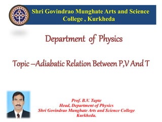 Shri Govindrao Munghate Arts and Science
College , Kurkheda
Department of Physics
Topic –Adiabatic Relation Between P,V And T
Prof. B.V. Tupte
Head, Department of Physics
Shri Govindrao Munghate Arts and Science College
Kurkheda.