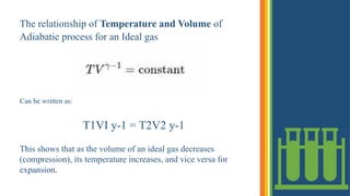 The relationship of Temperature and Volume of
Adiabatic process for an Ideal gas
Can be written as:
T1VI y-1 = T2V2 y-1
This shows that as the volume of an ideal gas decreases
(compression), its temperature increases, and vice versa for
expansion.
 