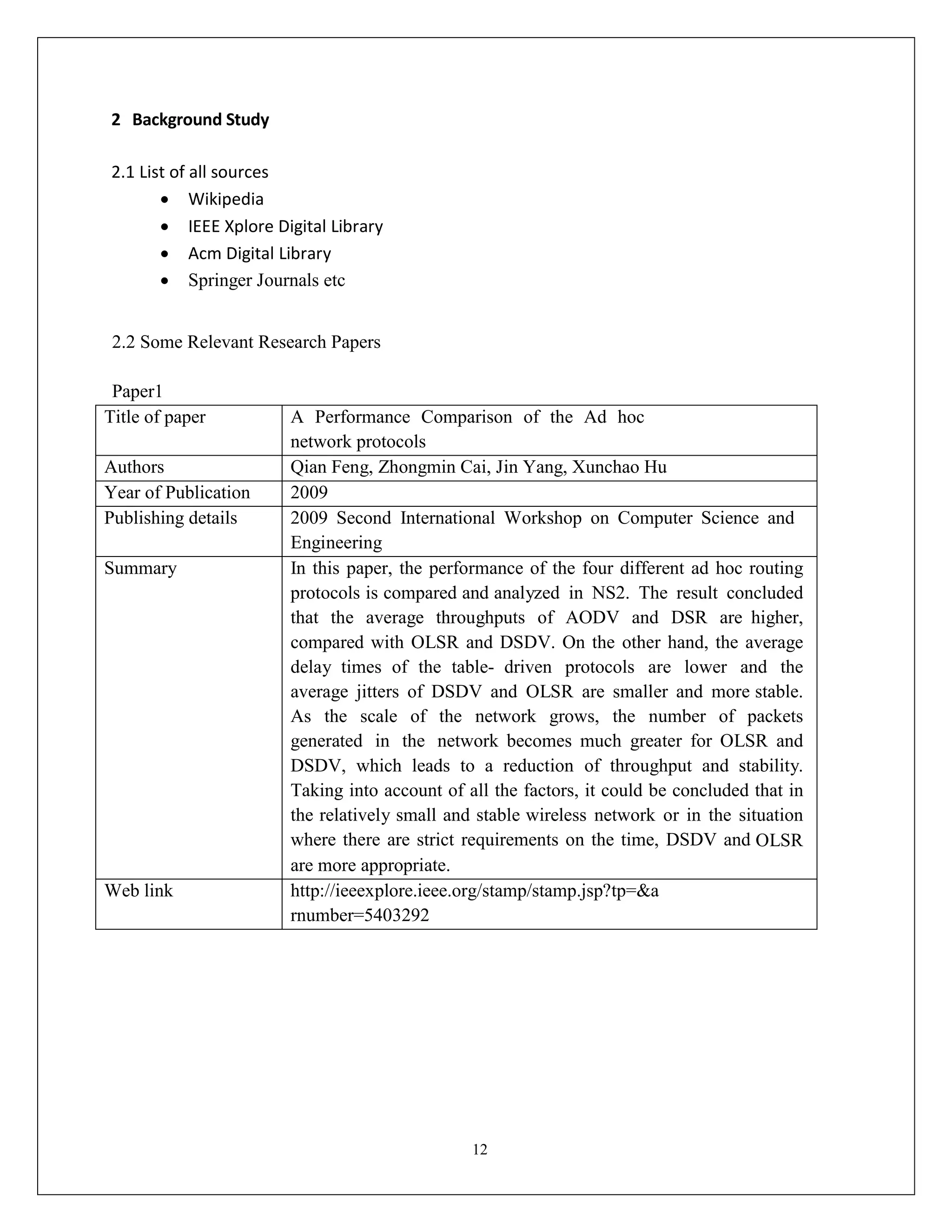 12
2 Background Study
2.1 List of all sources
 Wikipedia
 IEEE Xplore Digital Library
 Acm Digital Library
 Springer Journals etc
2.2 Some Relevant Research Papers
Paper1
Title of paper A Performance Comparison of the Ad hoc
network protocols
Authors Qian Feng, Zhongmin Cai, Jin Yang, Xunchao Hu
Year of Publication 2009
Publishing details 2009 Second International Workshop on Computer Science and
Engineering
Summary In this paper, the performance of the four different ad hoc routing
protocols is compared and analyzed in NS2. The result concluded
that the average throughputs of AODV and DSR are higher,
compared with OLSR and DSDV. On the other hand, the average
delay times of the table- driven protocols are lower and the
average jitters of DSDV and OLSR are smaller and more stable.
As the scale of the network grows, the number of packets
generated in the network becomes much greater for OLSR and
DSDV, which leads to a reduction of throughput and stability.
Taking into account of all the factors, it could be concluded that in
the relatively small and stable wireless network or in the situation
where there are strict requirements on the time, DSDV and OLSR
are more appropriate.
Web link http://ieeexplore.ieee.org/stamp/stamp.jsp?tp=&a
rnumber=5403292
 