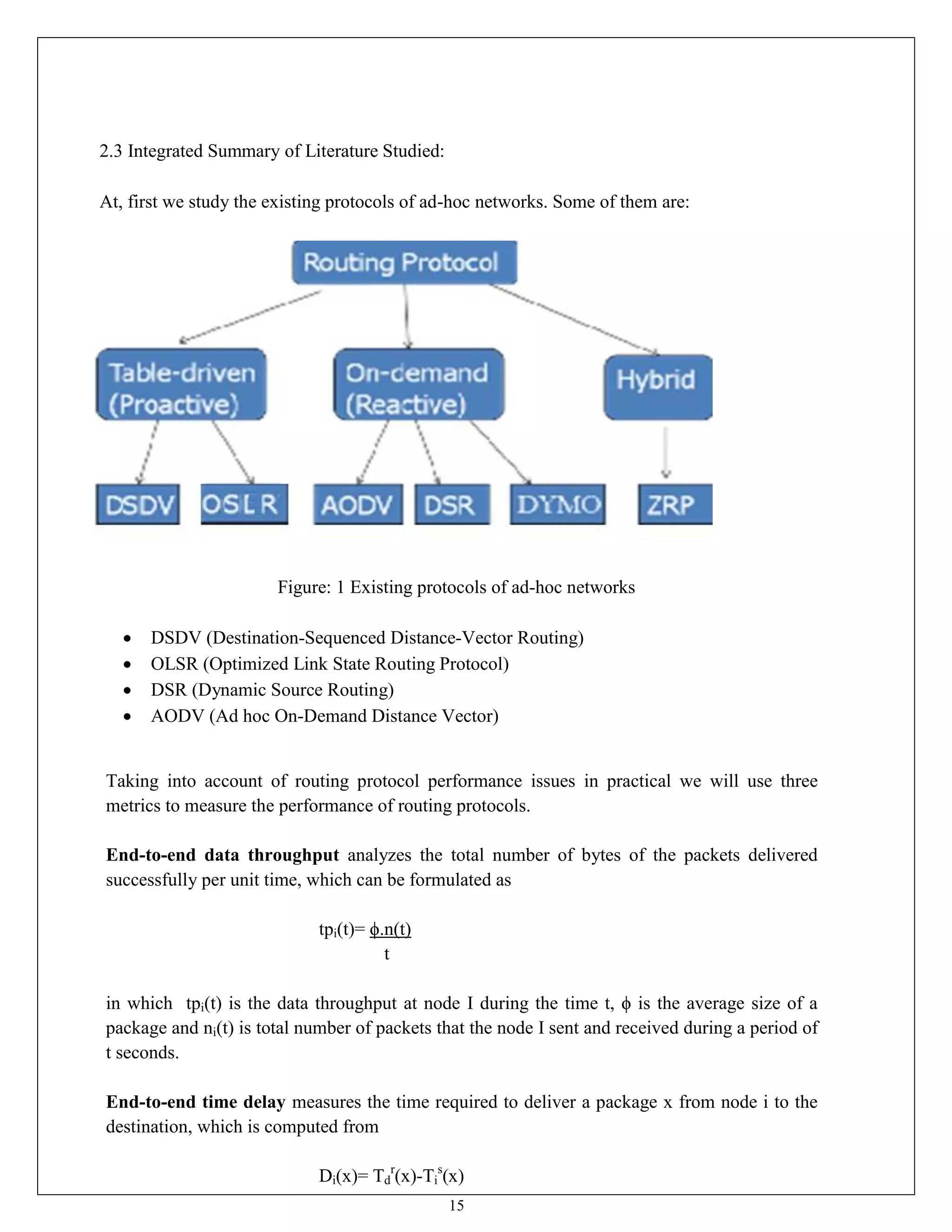 15
2.3 Integrated Summary of Literature Studied:
At, first we study the existing protocols of ad-hoc networks. Some of them are:
Figure: 1 Existing protocols of ad-hoc networks
 DSDV (Destination-Sequenced Distance-Vector Routing)
 OLSR (Optimized Link State Routing Protocol)
 DSR (Dynamic Source Routing)
 AODV (Ad hoc On-Demand Distance Vector)
Taking into account of routing protocol performance issues in practical we will use three
metrics to measure the performance of routing protocols.
End-to-end data throughput analyzes the total number of bytes of the packets delivered
successfully per unit time, which can be formulated as
tpi(t)= ϕ.n(t)
t
in which tpi(t) is the data throughput at node I during the time t, ϕ is the average size of a
package and ni(t) is total number of packets that the node I sent and received during a period of
t seconds.
End-to-end time delay measures the time required to deliver a package x from node i to the
destination, which is computed from
Di(x)= Td
r
(x)-Ti
s
(x)
 