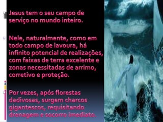Jesus tem o seu campo de serviço no mundo inteiro.Nele, naturalmente, como em todo campo de lavoura, há infinito potencial de realizações, com faixas de terra excelente e zonas necessitadas de arrimo, corretivo e proteção.Por vezes, após florestas dadivosas, surgem charcos gigantescos, requisitando drenagem e socorro imediato.