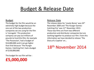 Budget & Release Date
Budget

Release Date

The budget for the film would be an
extremely high budget because the
one out ...
