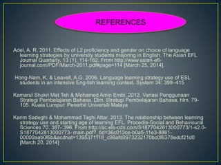 Adel, A. R. 2011. Effects of L2 proficiency and gender on choice of language
learning strategies by university students majoring in English. The Asian EFL
Journal Quarterly. 13 (1), 114-162. From http://www.asian-efl-
journal.com/PDF/March-2011.pdf#page=114 [March 25, 2014].
Hong-Nam, K. & Leavell, A.G. 2006. Language learning strategy use of ESL
students in an intensive Eng-lish learning context. System 34: 399–415
Kamarul Shukri Mat Teh & Mohamed Amin Embi. 2012. Variasi Penggunaan
Strategi Pembelajaran Bahasa. Dlm. Strategi Pembelajaran Bahasa, hlm. 79-
105. Kuala Lumpur: Penerbit Universiti Malaya
Karim Sadeghi & Mohammad Taghi Attar. 2013. The relationship between learning
strategy use and starting age of learning EFL. Procedia-Social and Behavioural
Sciences 70. 387- 396. From http://ac.els-cdn.com/S1877042813000773/1-s2.0-
S1877042813000773- main.pdf?_tid=36c013ce-b0a5-11e3-8861-
00000aab0f6b&acdnat=1395371118_c98afd0973232170bc0f6378edcf21d0
[March 20, 2014]
REFERENCES
 