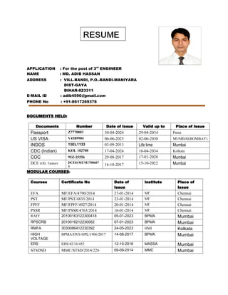 Adib 39 s Resume For the post of 3rd - Adib S Resume For The Post Of 3rd ENGINEER 1 320 