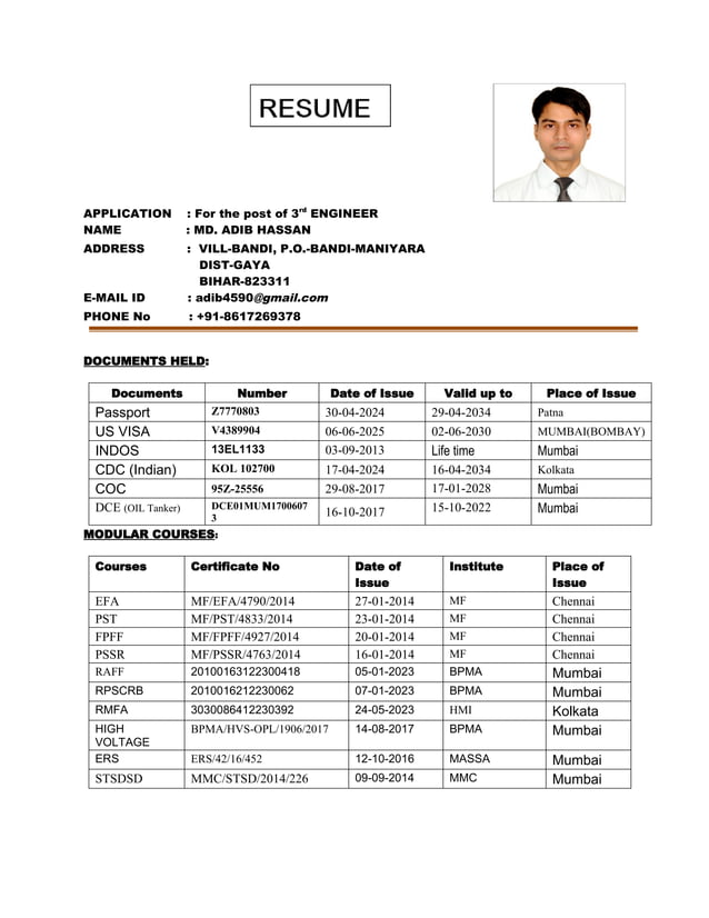 Adib 39 s Resume For the post of 3rd - Adib S Resume For The Post Of 3rd ENGINEER 1 638 