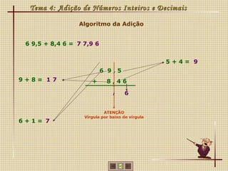 Tema 4: Adição de Números Inteiros e Decimais

                 Algoritmo da Adição


 6 9,5 + 8,4 6 = 7 7,9 6


                                                  5+4= 9
                           6 9,5
9+8= 17               +      8,46
                                ,    6


                            ATENÇÃO
                   Vírgula por baixo de vírgula
6+1= 7
 
