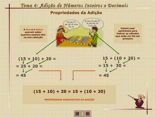 Tema 4: Adição de Números Inteiros e Decimais
                        Propriedades da Adição


                                                                    Vamos usar
    A Ana e o Vasco
                                                                  parêntesis para
     querem saber
                                                                indicar os cálculos
  quantos postais têm
                                                               que cada um fez em
    na sua colecção
                                                                     primeiro




 (15 + 10) + 20 =                                        15 + (10 + 20) =

= 25 + 20 =                                             = 15 + 30 =

= 45                                                    = 45



           (15 + 10) + 20 = 15 + (10 + 20)
                    PROPRIEDADE ASSOCIATIVA DA ADIÇÃO
 