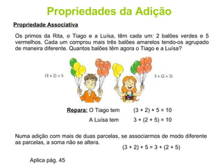 Propriedades da Adição Propriedade Associativa Os primos da Rita, o Tiago e a Luísa, têm cada um: 2 balões verdes e 5 vermelhos. Cada um comprou mais três balões amarelos tendo-os agrupado de maneira diferente. Quantos balões têm agora o Tiago e a Luísa? Repara:  O Tiago tem  (3 + 2) + 5 = 10 A Luísa tem  3 + (2 + 5) = 10 Numa adição com mais de duas parcelas, se associarmos de modo diferente as parcelas, a soma não se altera. (3 + 2) + 5 = 3 + (2 + 5) Aplica pág. 45 