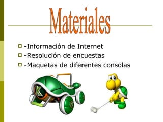 -Información de Internet -Resolución de encuestas  -Maquetas de diferentes consolas  Materiales 